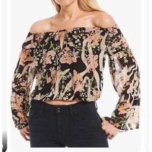 Guess Silia Floral Long Sleeve Crop Top, Size XLArge